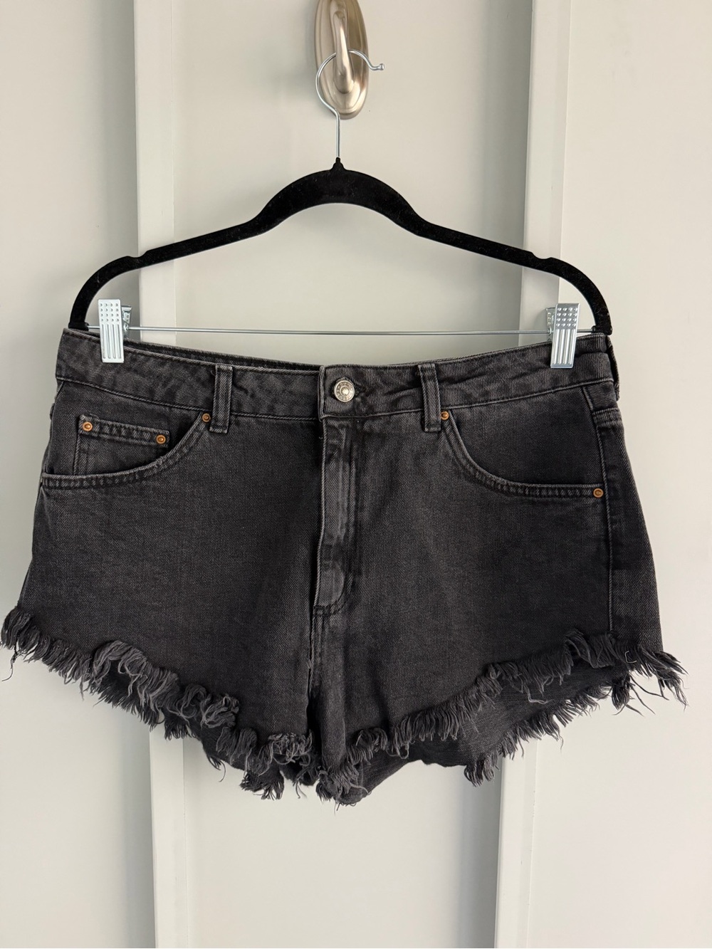 Topshop Kiri Black Acid Wash High Rise Distressed Denim Shorts 10